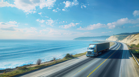 truck on the road with blue sky and clouds. travel and transportation conceptの素材