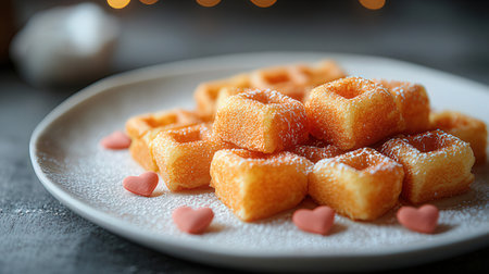 Belgian waffles with icing sugar on a white plate, selective focusの素材