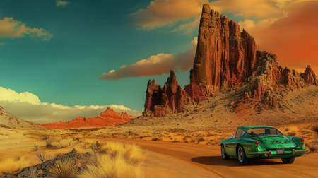 Vintage car on the road in Monument Valley, USA. 3D renderの素材