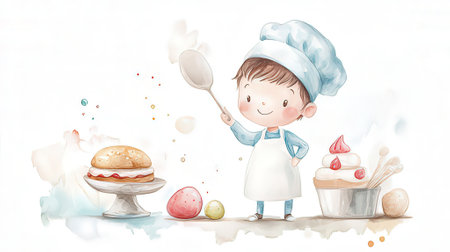 Illustration of a little chef with cake, ladle and eggsの素材