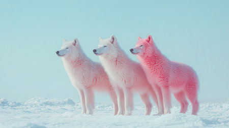 Three white wolves standing in the snow on a blue backgroundの素材