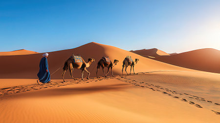Camel caravan in the Sahara desert, Morocco. 3D renderingの素材