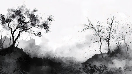 Digital painting of black and white silhouette of a tree in the woodsの素材