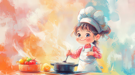 Cute little chef girl cooking in the kitchen. Children's illustration.の素材