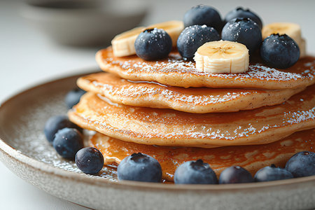 Pancakes with blueberries and banana on plate, closeupの素材