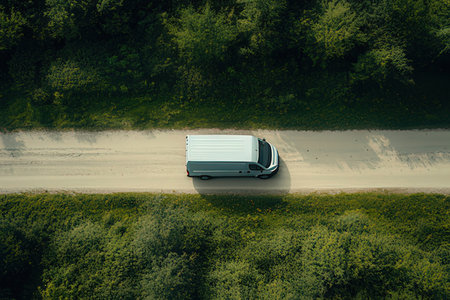 Aerial view of a truck driving on the road in summer day.の素材