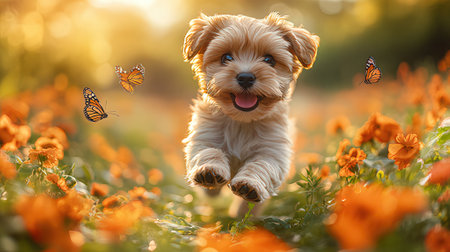 Cute little mixed breed dog playing with butterfly in the field.の素材