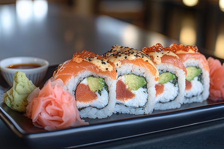 Sushi roll with salmon, cucumber, cream cheese, nori and avocadoの素材