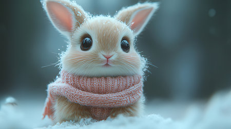 Cute little bunny in winter forest. Animal in a scarf.の素材