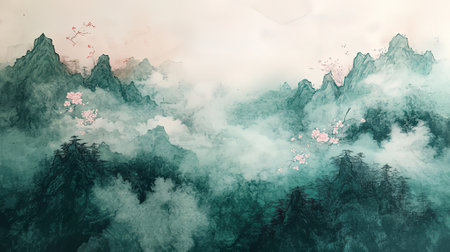 Digital painting of a mountain landscape with fog and cherry blossom.の素材