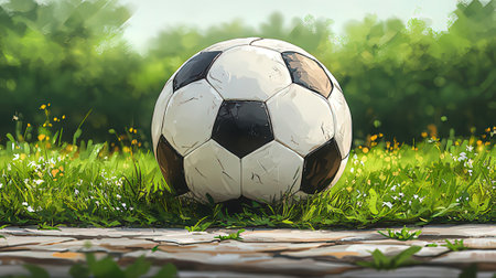Soccer ball on the grass in the park. 3d renderingの素材