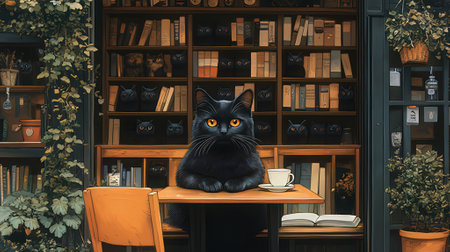 Cute black cat sitting at a table in a book store.の素材