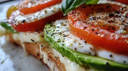 Sandwich with mozzarella cheese, tomatoes and basil on white plateの素材