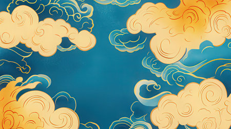 Illustration of clouds and sky in the Chinese style on a blue backgroundの素材