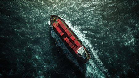 Aerial view of a cargo ship in the sea. 3D renderingの素材