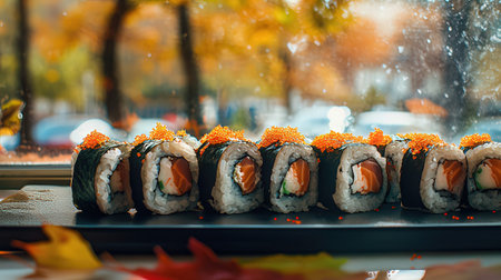 Sushi rolls on a black plate on a background of autumn leavesの素材