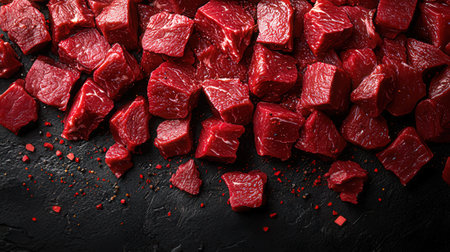 Raw beef meat cubes on black background, top view, copy spaceの素材