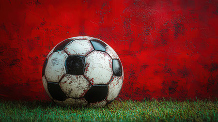 Soccer ball on green grass with red grunge wall background.の素材