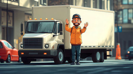 Delivery man with a truck on the city street. 3d renderingの素材