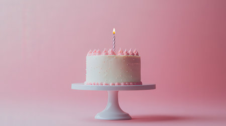 Birthday cake with one candle on pink background. 3d renderの素材