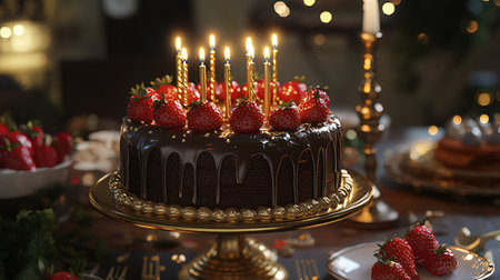Chocolate cake with strawberries and candles on blurred background, closeupの素材