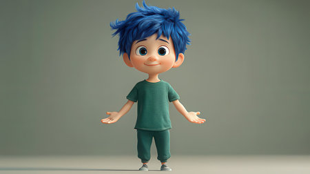 Little boy with blue hair and green t-shirt, 3d renderingの素材