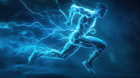 Digital illustration of a running man with lightning and energy in the backgroundの素材