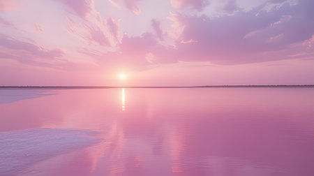Sunset on the lake with pink sky and reflection in water.の素材