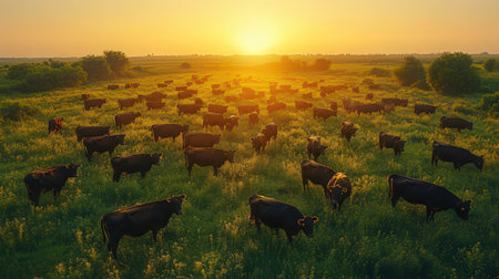 Herd of cows grazing on a green meadow at sunset.の素材