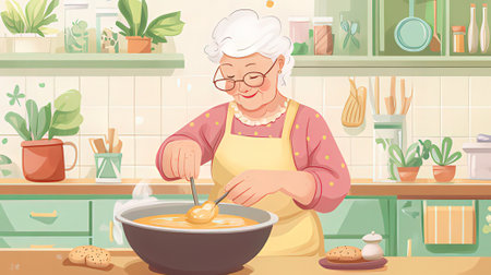 Elderly woman cooking soup in the kitchen. Vector illustration.の素材