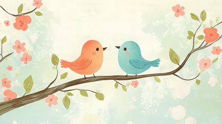 Cute birds on branch with cherry blossom background. Vector illustration.の素材