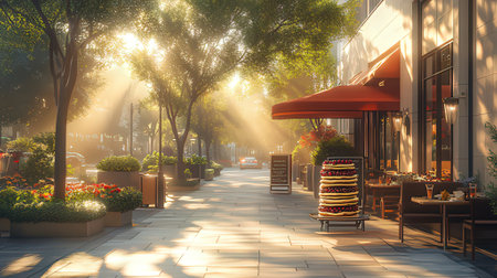 Street cafe in the morning light,3d rendering. Computer digital drawing.の素材