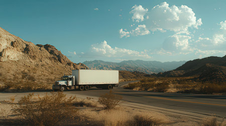 Truck driving on the road in the desert with mountains in the backgroundの素材