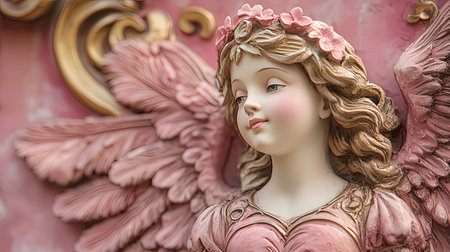 Angel statue on a pink wall. Close-up. Conceptual image.の素材