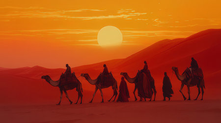Camel caravan in the Sahara desert at sunset. 3d renderingの素材