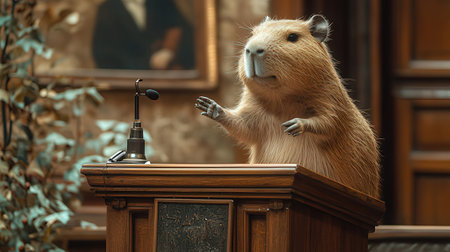 Capybara stands on a podium and looks at the camera.の素材
