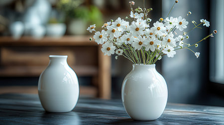 White vase with flowers on wooden table in cafe, stock photoの素材