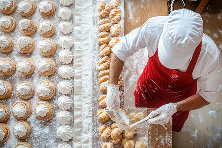Top view of a baker in a red apron working in the bakery.