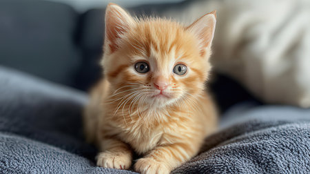 Cute ginger kitten lying on bed at home. Adorable petの素材