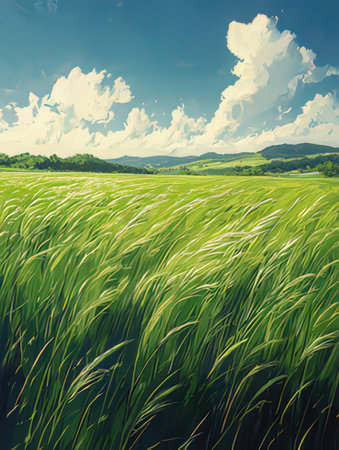 field of grass and blue sky with white clouds. 3d renderingの素材