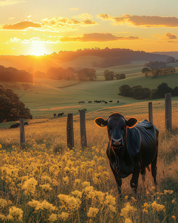 Cow in a field of yellow flowers at sunrise. Rural landscape.の素材