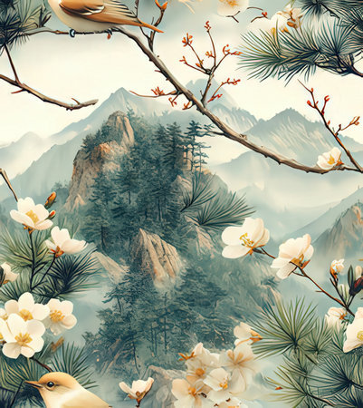 Mountain landscape with blooming flowers and birds. Digital painting.の素材