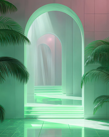 3D rendering of a corridor with palm trees and a green archの素材