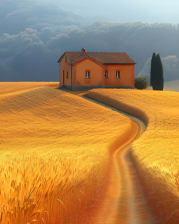 Rural landscape with a house in the middle of a wheat fieldの素材