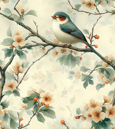 Seamless pattern with bird on a branch of blooming sakuraの素材