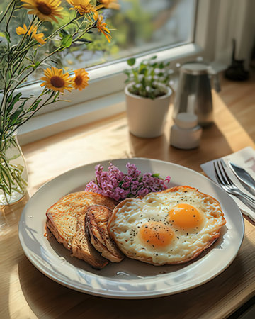 Breakfast with fried eggs and toasts on wooden table near windowの素材