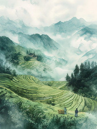Beautiful rice terraces in the mountains. Digital painting illustration.の素材