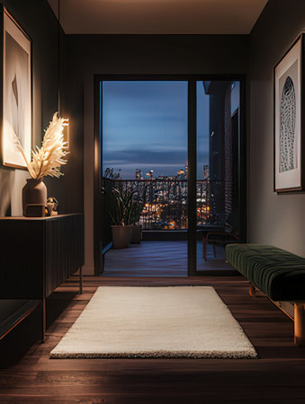 Luxury living room with window overlooking the city. 3D renderingの素材