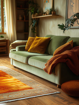 interior of living room with sofa and cushions, vintage styleの素材