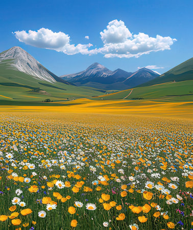 beautiful spring meadow with poppies and mountains in the backgroundの素材